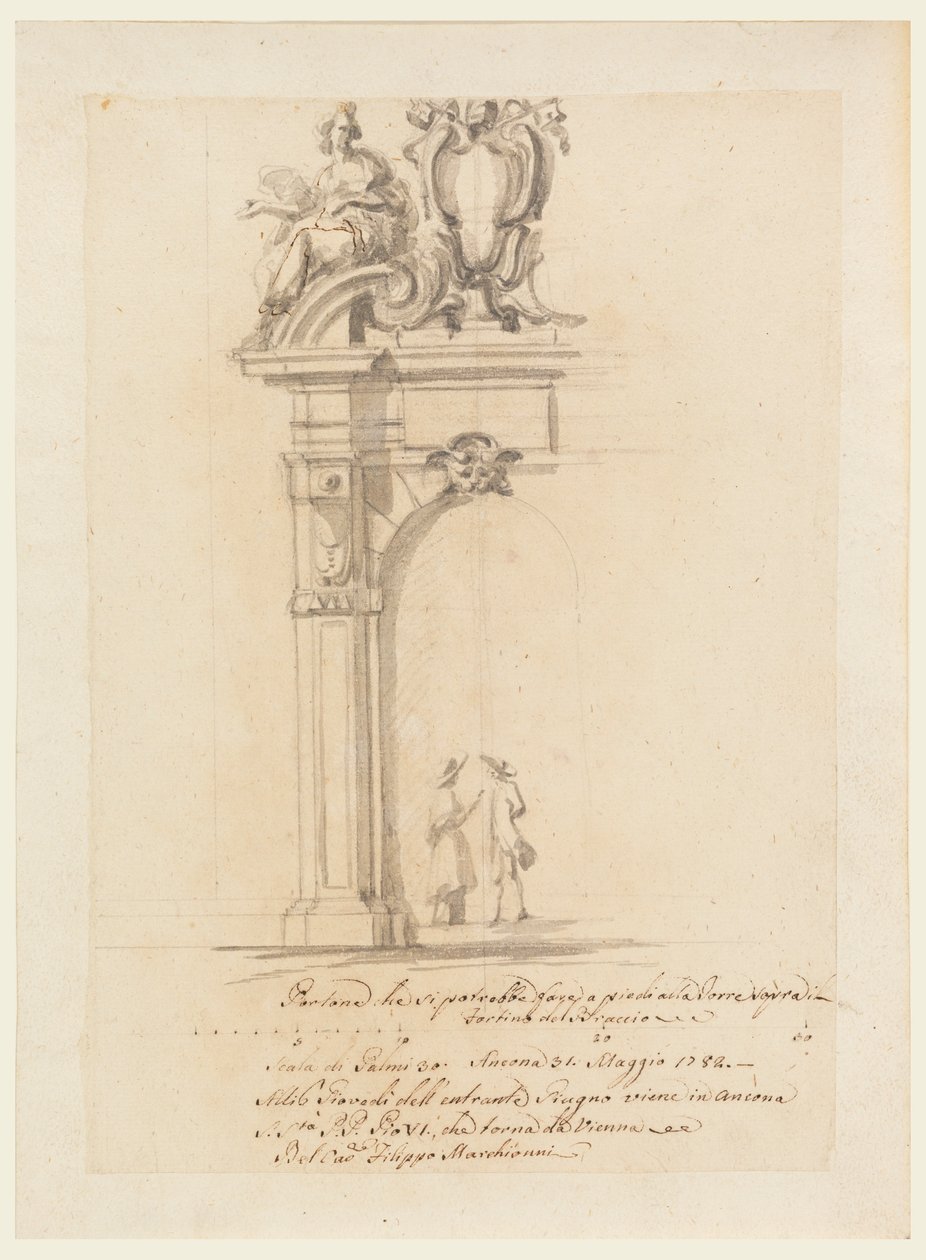 Tegning, Design til en port til modtagelse af pave Pius VI, der vender hjem fra Tyskland, i Ancona, maj 1782 af Filippo Marchionni