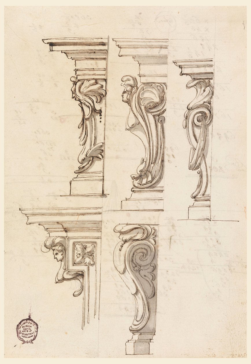 Tegning, Fem hjørnemotiver, ca. 1750 af Filippo Marchionni