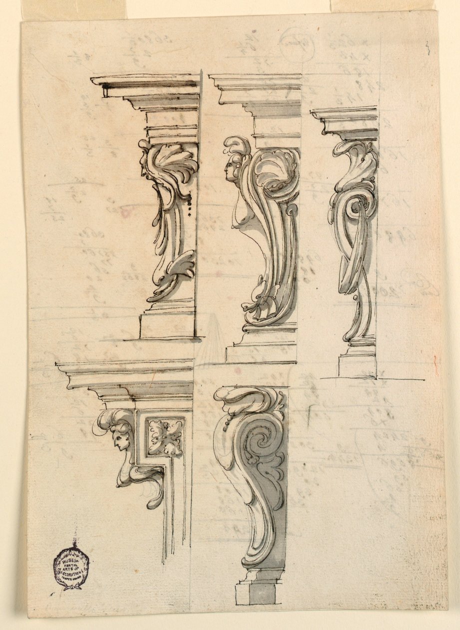 Tegning, Fem hjørnemotiver, ca. 1750 af Filippo Marchionni