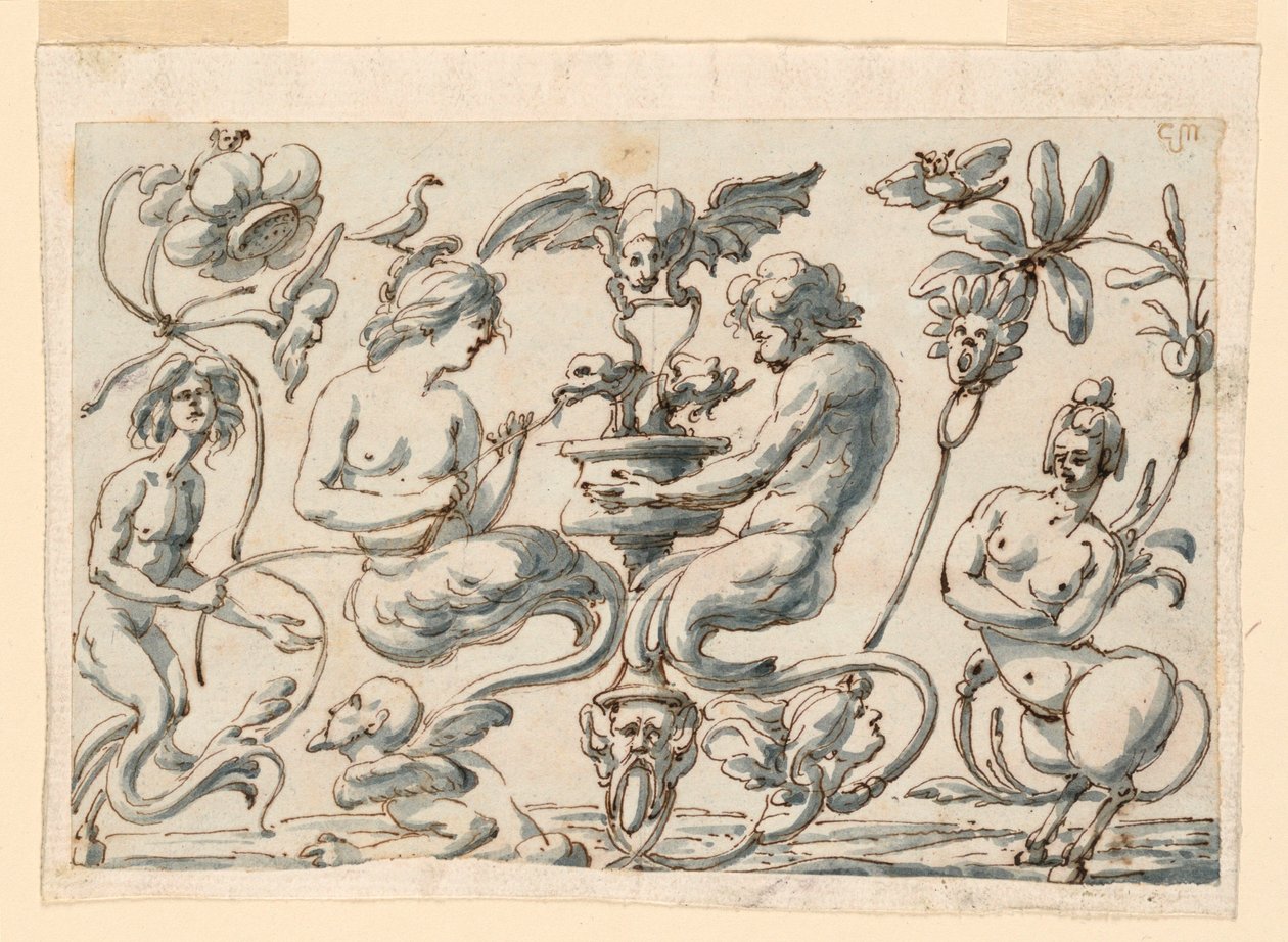 Tegning, Grotesk til et aflangt panel, 1730-50 af Filippo Marchionni