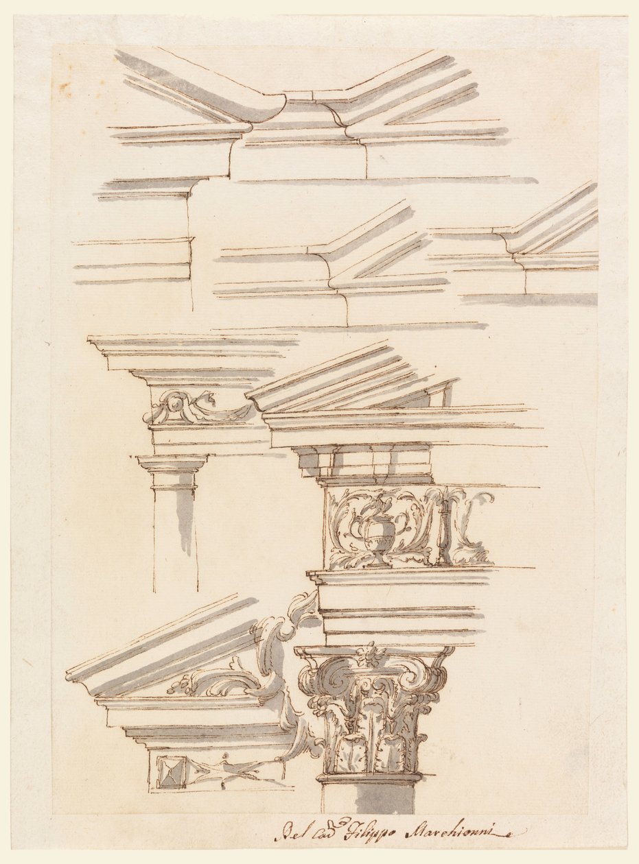 Tegning, Studier til entablement og fronton, ca. 1770 af Filippo Marchionni
