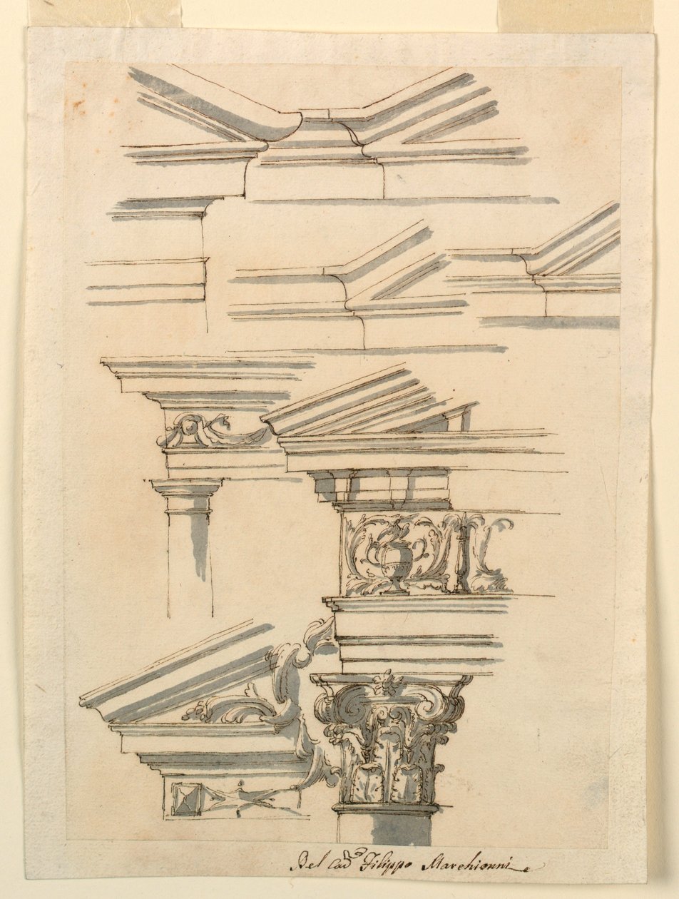 Tegning, Studier til entablement og fronton, ca. 1770 af Filippo Marchionni