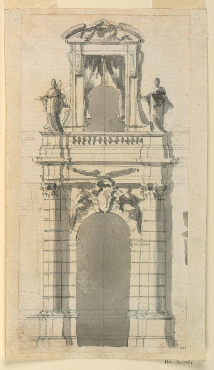 Tegning, Elevation af den nedre centrale del af et bypalæ, 1770-85 af Filippo Marchionni