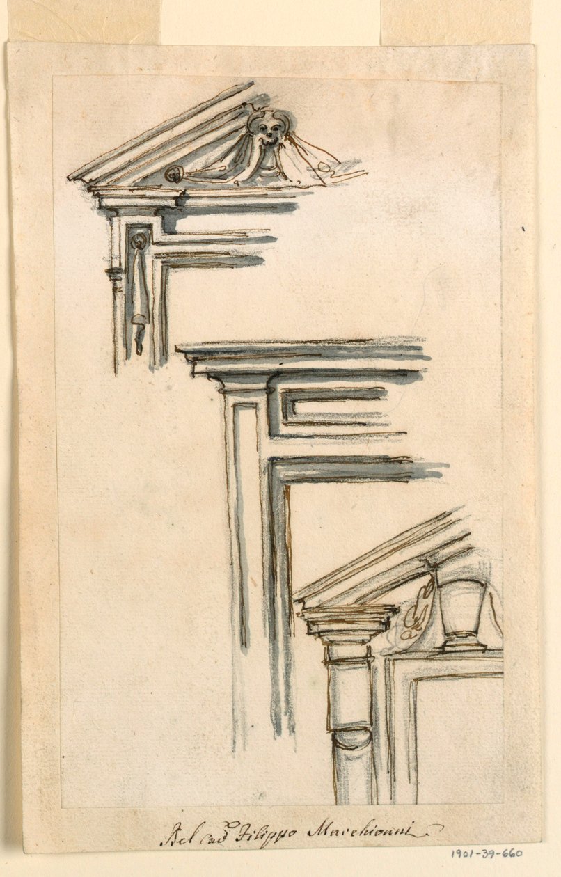 Tegning, Tre vindues- eller dørkasser, ca. 1770 af Filippo Marchionni