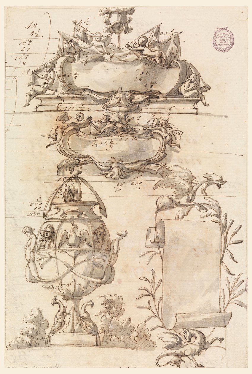 Tegning, To våbenskjold, dekorativ vase og en skriftrulle, 1750-75 af Filippo Marchionni
