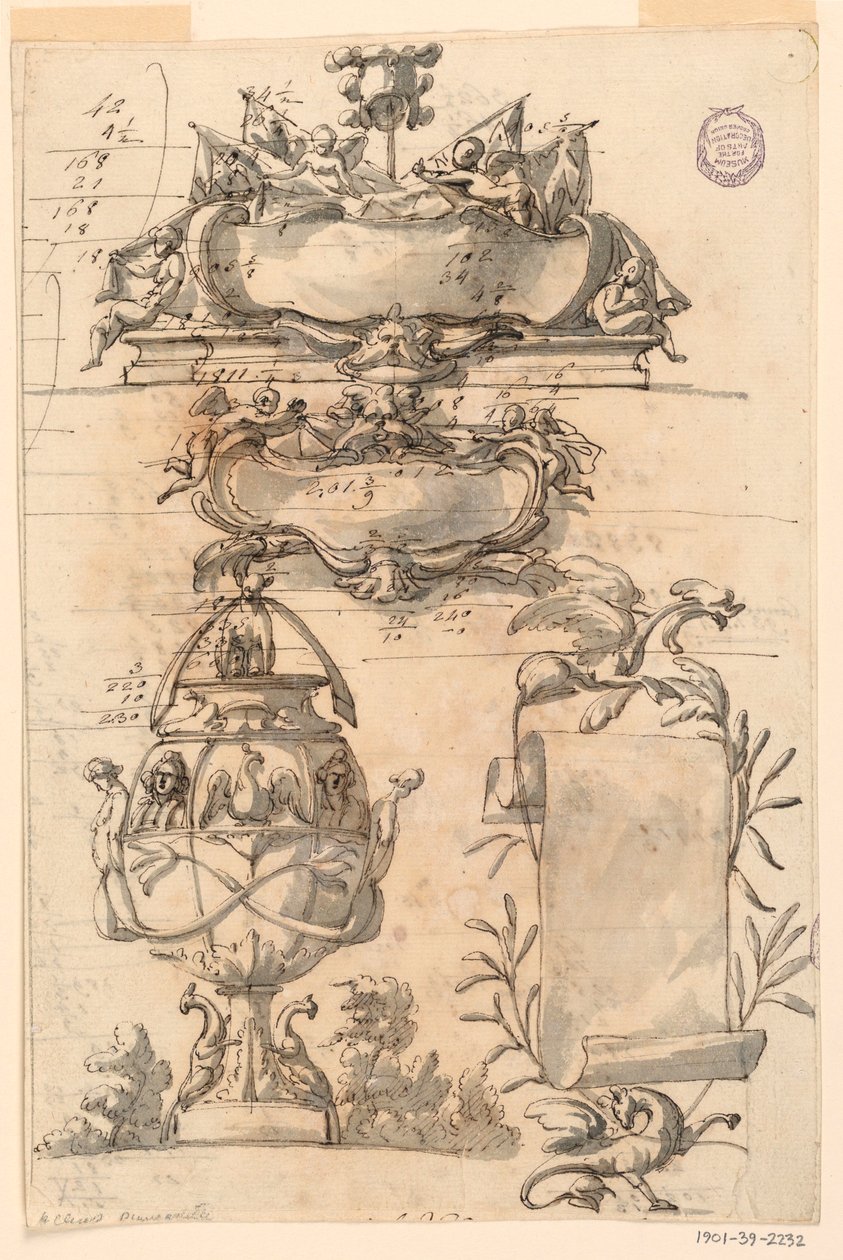 Tegning, To våbenskjold, dekorativ vase og en skriftrulle, 1750-75 af Filippo Marchionni