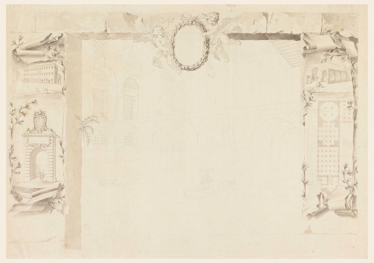 Tegning, ufærdigt design til et mindeblad, der henviser til opførelsen af en pavelig fabrik (Magazins of Annona), 1760-69 af Filippo Marchionni