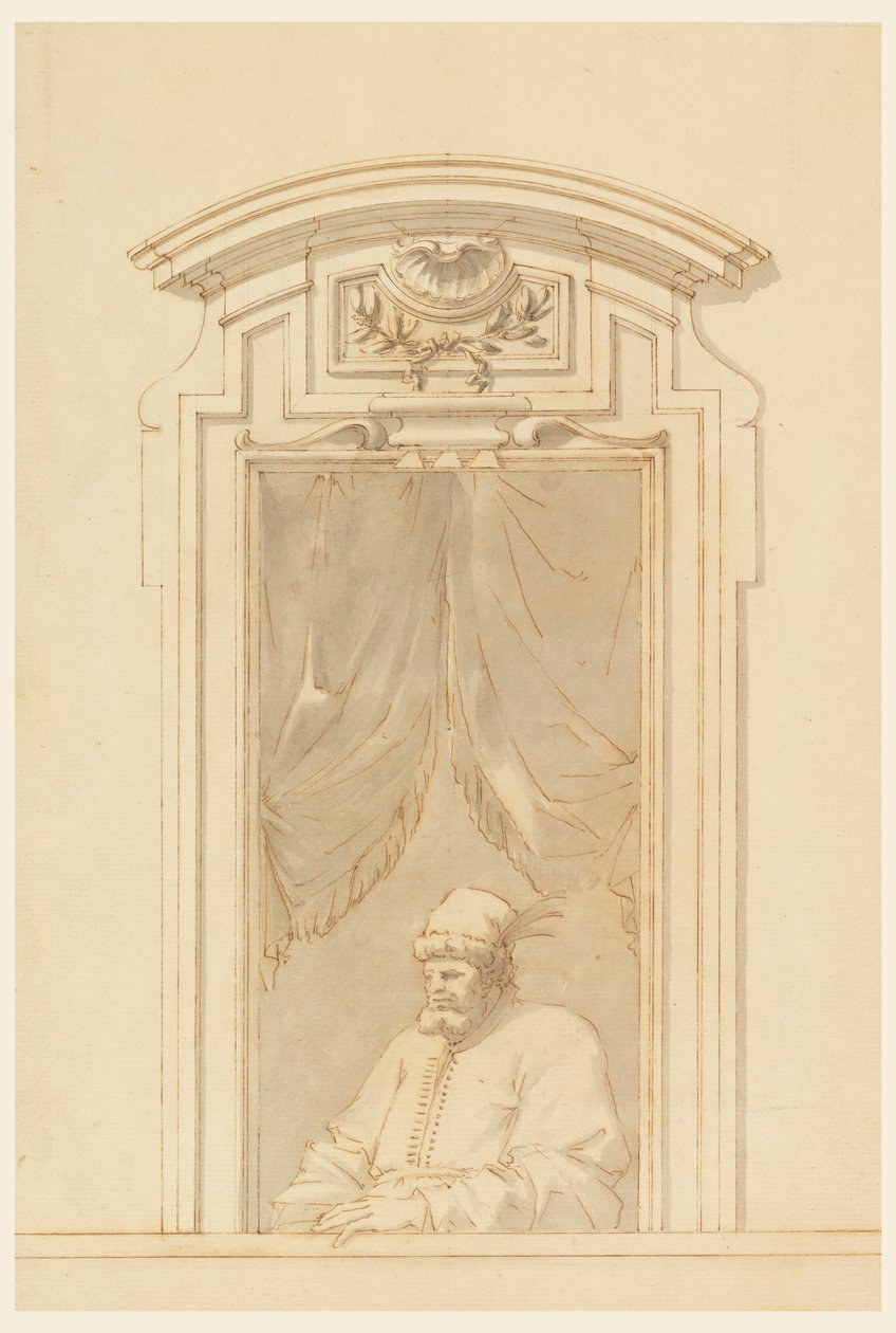 Tegning, Vindueskasse og halvdelen af en tyrkerfigur, 1750-70 af Filippo Marchionni