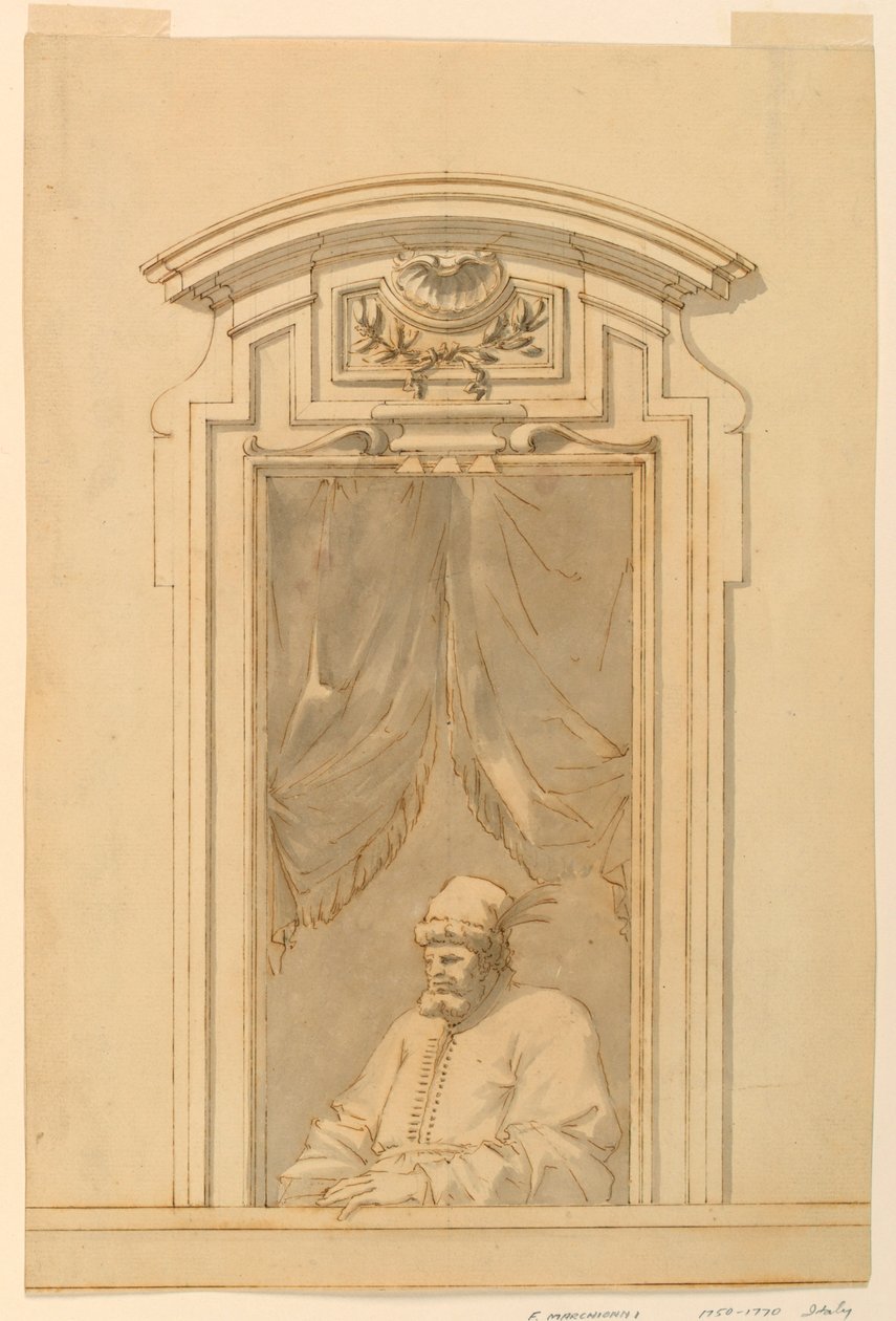 Tegning, Vindueskasse og halvdelen af en tyrkerfigur, 1750-70 af Filippo Marchionni