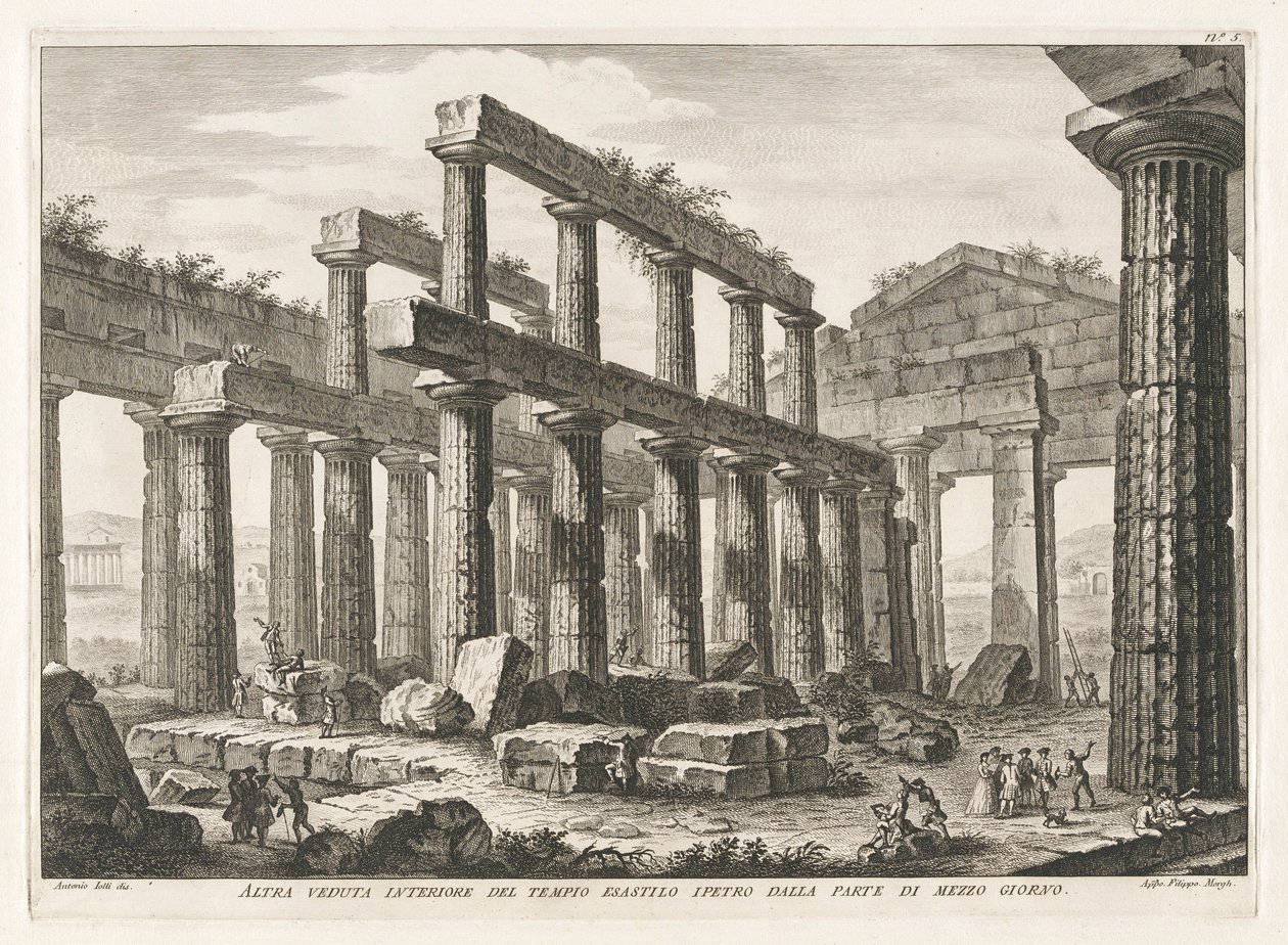 En anden indvendig visning af Hexastyle Hypaethral Temple fra syd, fra Antichit? af Pesto (Paestums antikviteter) af Filippo Morghen