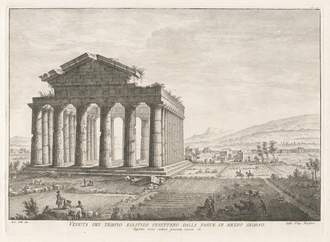 Udsigt over Peripteral Hexastyle Temple fra syd, fra Antichit? af Pesto (Paestums antikviteter) af Filippo Morghen