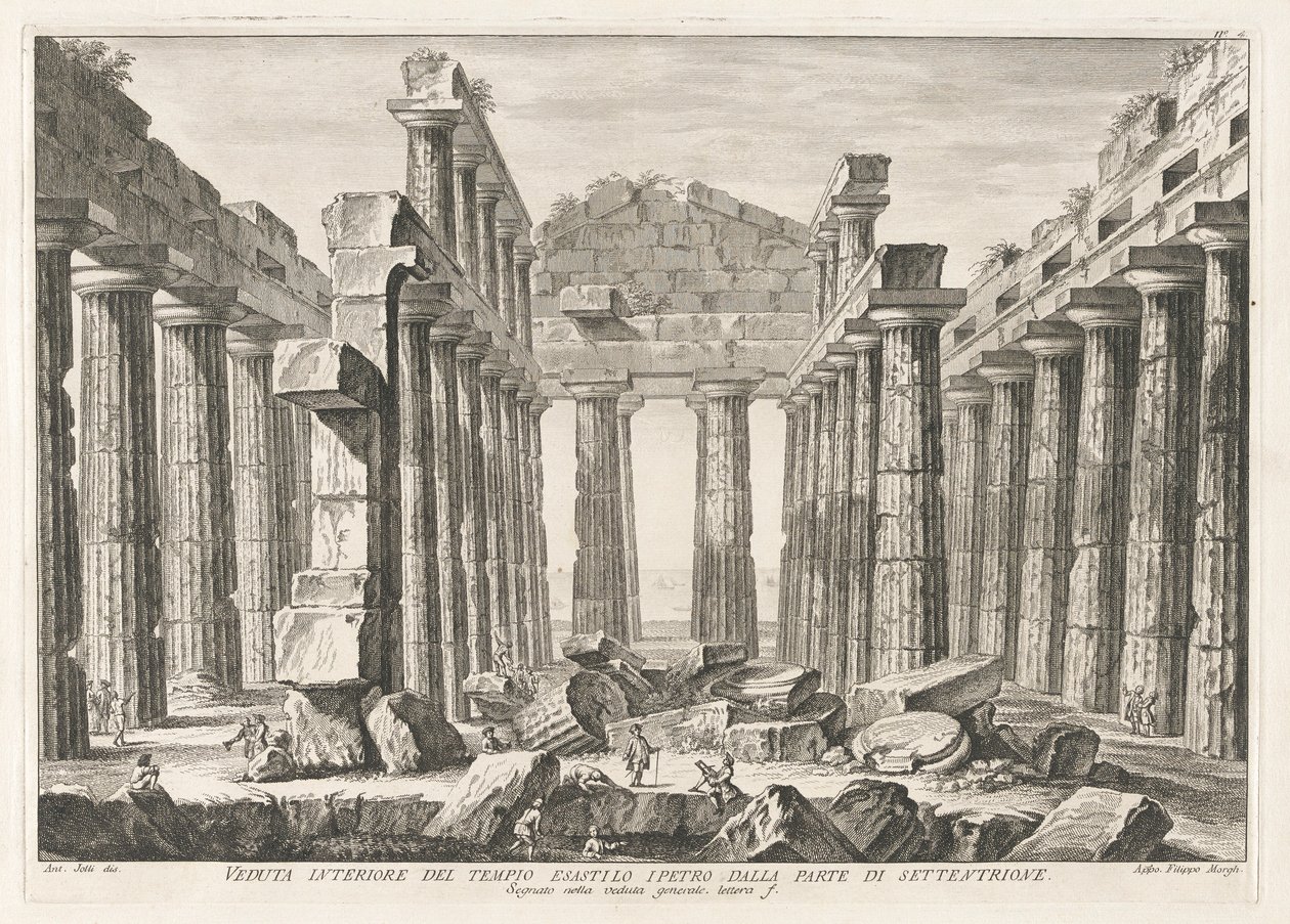 Indvendig udsigt over det hexastile hypaetrale tempel fra nord, fra Antichit? af Pesto (Paestums antikviteter) af Filippo Morghen