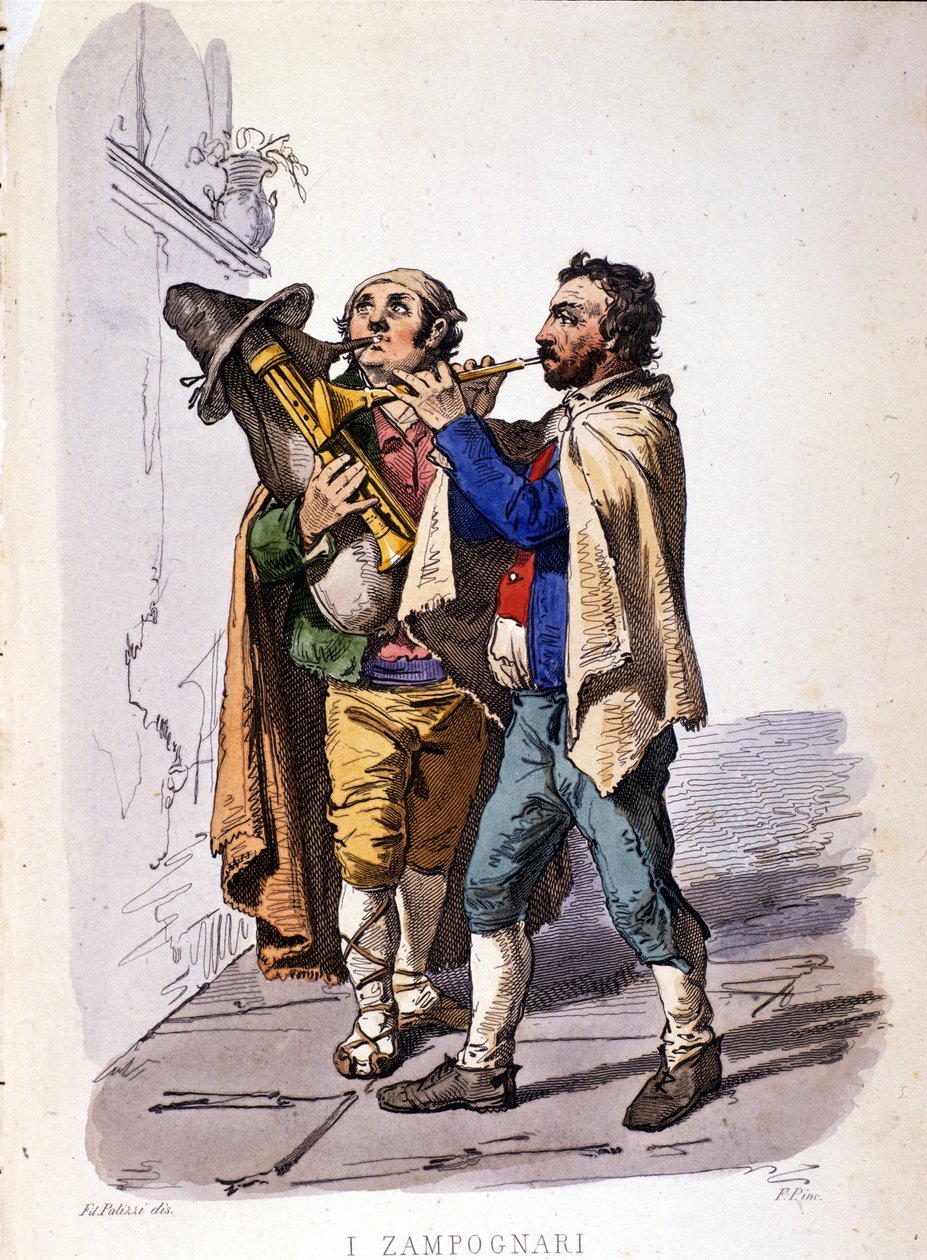 Pibespillere (sækkepibe). Stik efter maleri af F. Palizza. Fra et værk af Francesco de Bourcard "" Costumes of the Kingdom of Napoli "" af Filippo Palizzi