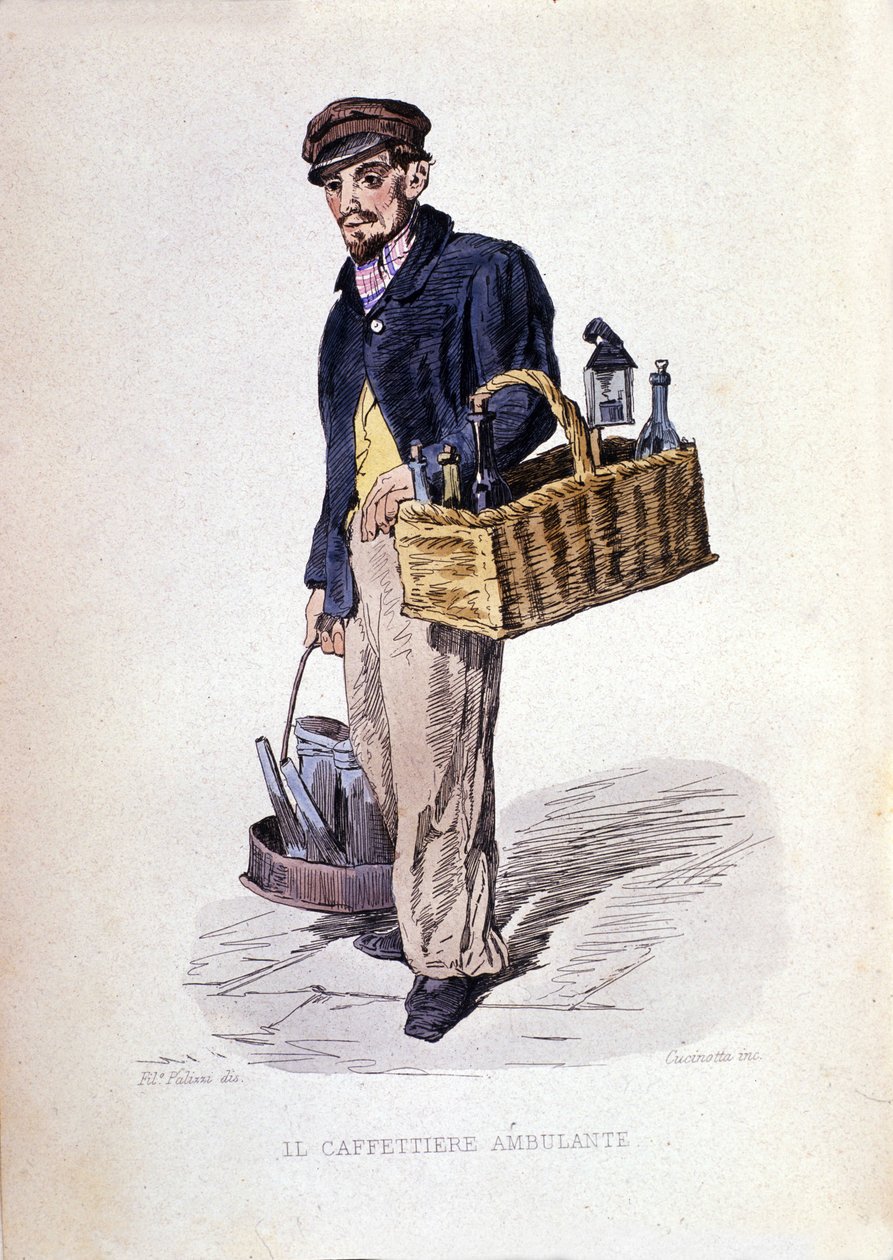 Napolin kaupungin pienyritys: "caffettiere", napolilainen kahvikauppias. Kaiverrus F. Palizzan maalauksen jälkeen. Francesco de Bourcardin teoksesta "" Costumi del regno di Napoli"" af Filippo Palizzi
