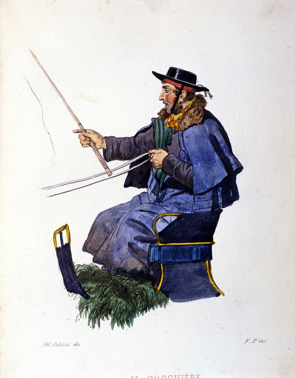 Napolin kaupungin pienyritys: valmentaja. Kaiverrus F. Palizzan maalauksen jälkeen. Francesco de Bourcardin teoksesta "" Costumi del regno di Napoli"" af Filippo Palizzi