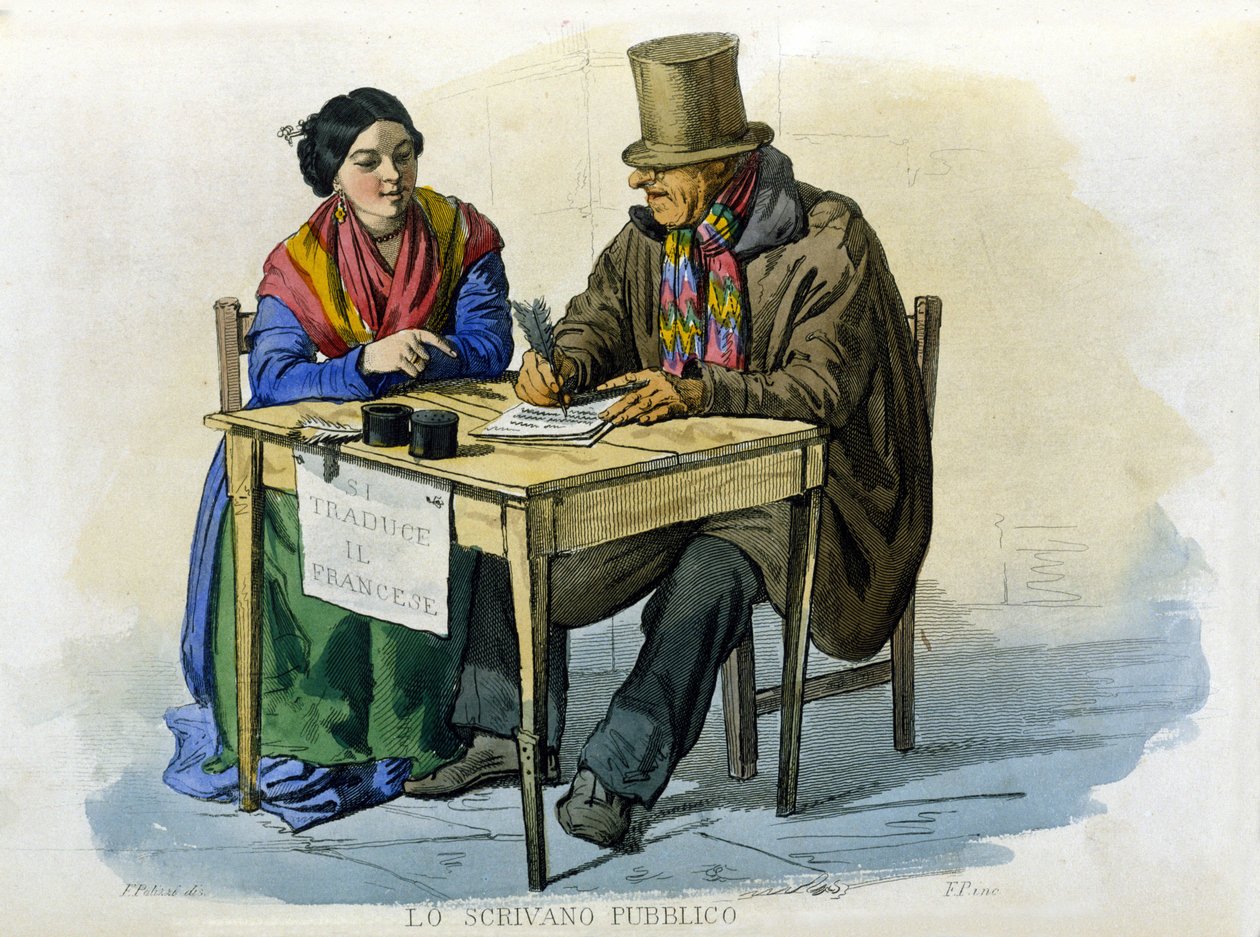 Lille virksomhed i byen Napoli: den offentlige forfatter. Stik efter maleri af F. Palizza. Fra et værk af Francesco de Bourcard "" Costumi del regno di Napoli"" af Filippo Palizzi