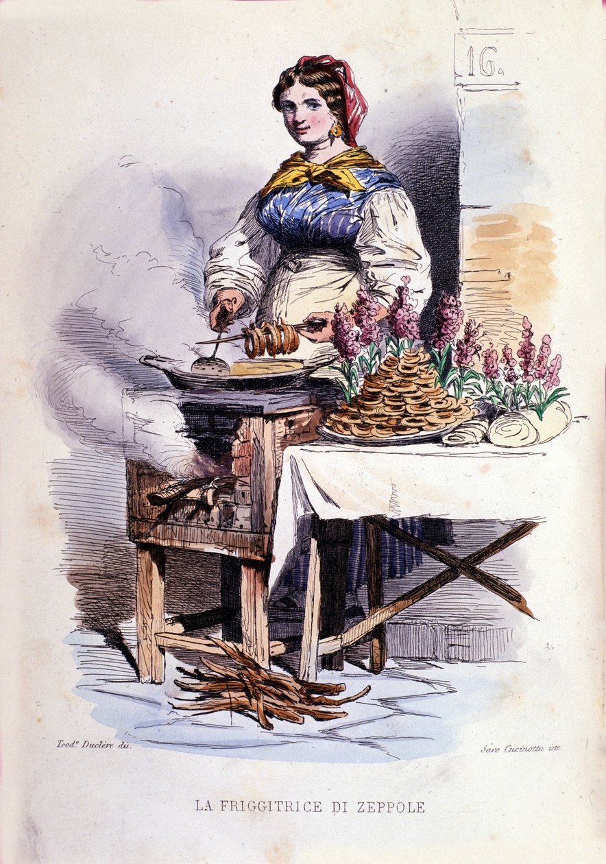 Lille virksomhed i byen Napoli: gående sælger fra zeppolle, specialpatisserie i Napoli. Stik efter maleri af F. Palizza. Fra et værk af Francesco de Bourcard "" Costumi del regno di Napoli"" af Filippo Palizzi