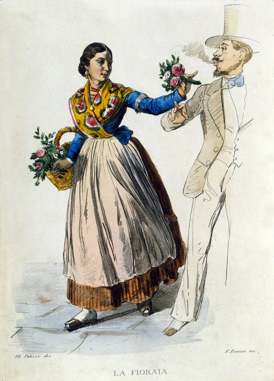 Lille virksomhed i byen Napoli: ung blomsterhandler, der passer en buket til en elegant mand. Stik efter maleri af F. Palizza. Fra et værk af Francesco de Bourcard "" Costumi del regno di Napoli"" af Filippo Palizzi