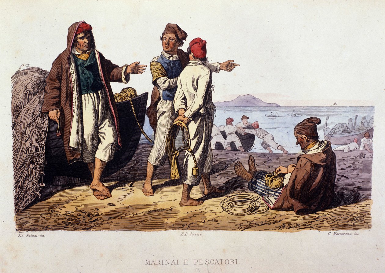 Lille metier af Kongeriget Napoli: sømænd og fiskere. Stik efter maleri af F. Palizza. Fra et værk af Francesco de Bourcard "" Costumi del regno di Napoli"" af Filippo Palizzi