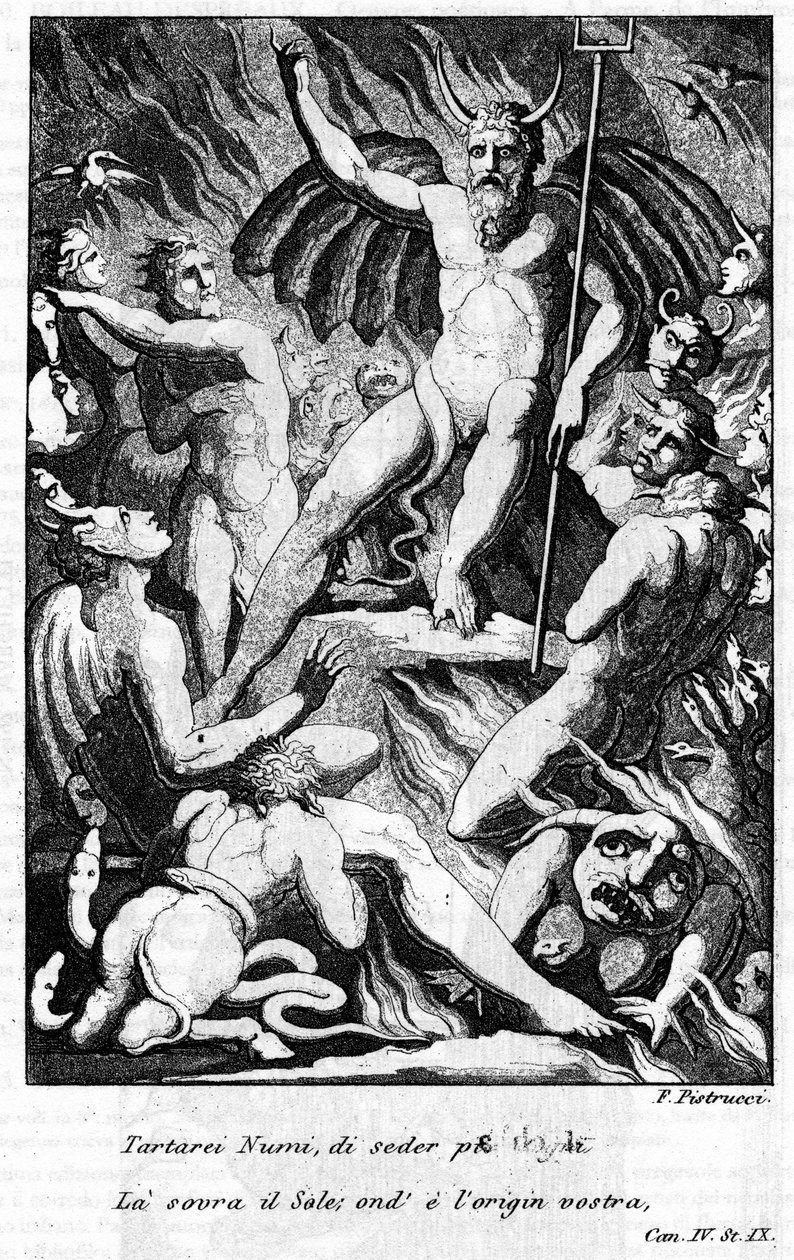 Illustration af en scene af "The Jerusalem Delivree" af Torquato Tasso (kendt som kruset). "" Tartarei Numi, at sidde mere værdig over solen ... "" Canto IV. Illustration af Filippo PISTRUCCI (1782-1859). af Filippo Pistrucci