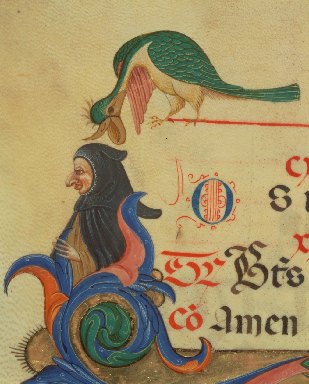 Missal 515 42r En fantastisk fugl placeret over en kappefigur, detalje af dekoreret initial R og kant fra en korbog udført før 1449 vellumdetalje af 56727 af Filippo di Matteo Torelli