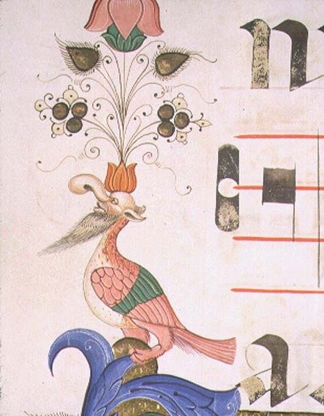 Missal 515 f.120v Grotesk fugl med menneskehoved, detalje af dekorativ kant fra en korbog udført før 1449 (vellum) af Filippo di Matteo Torelli