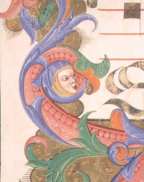 Missal 515 f.156r Zoomorphic løv med kappehoved, detalje af en dekorativ kant fra en korbog udført før 1449 af Filippo di Matteo Torelli