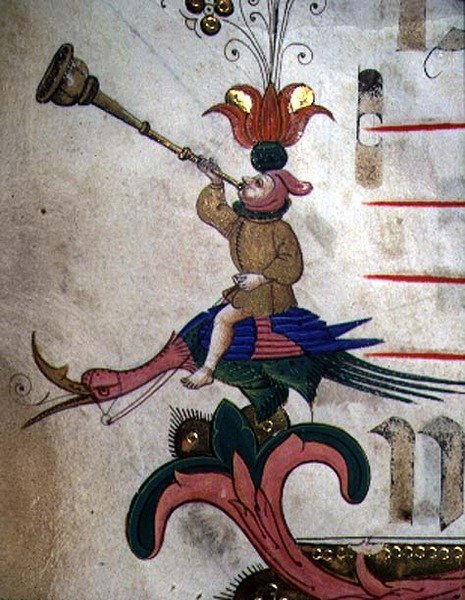 Missal 515 f.9r Figur, der blæser i et horn, monteret på en spændt fugl, detalje af dekorativ kant fra en korbog udført før 1449 (detalje af 88907) af Filippo di Matteo Torelli