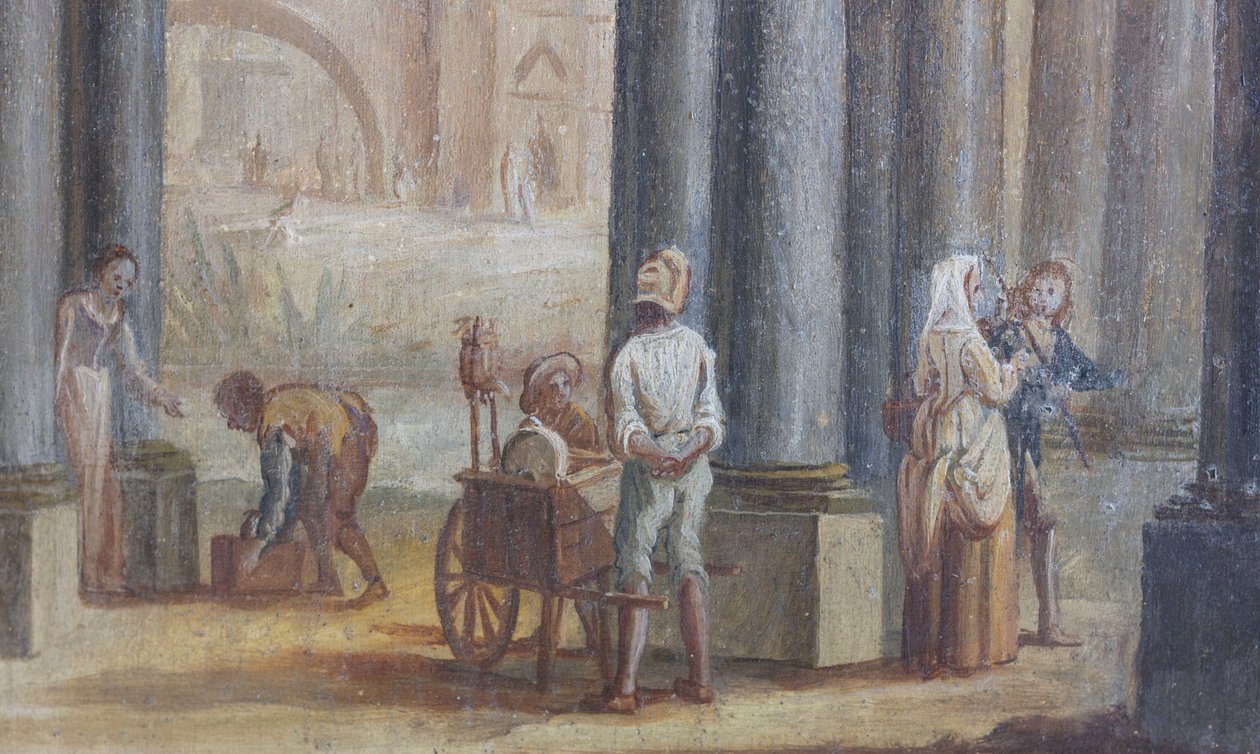 Genrekohtaus, öljy puulle, yksityiskohta salongin ikkunaluukkuista, Kuningattaren asunto, Metsästysasunto, kirjoittanut Filippo Juvarra (1678-1736), Stupinigi, Piedmont, Italia af Filippo or Juvara Juvarra