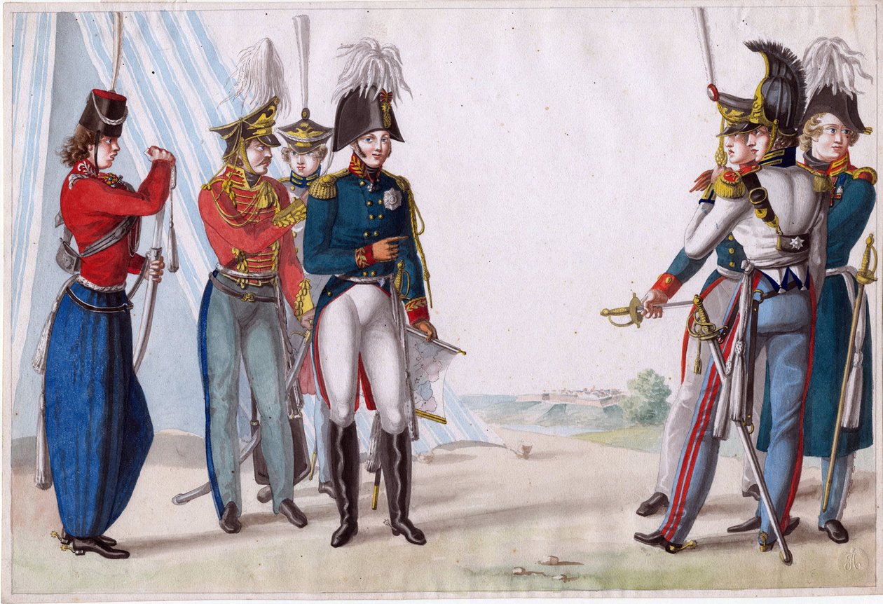 Alexandre Ier, tsar de Russie (1777-1825) - Zar Alexander I og russiske officerer - Finert (Finart), Noel Dieudonne (1797-1852) - 1815 - Akvarel på papir - 23,3x34,5 - Privat samling af Finart Noël Dieudonné