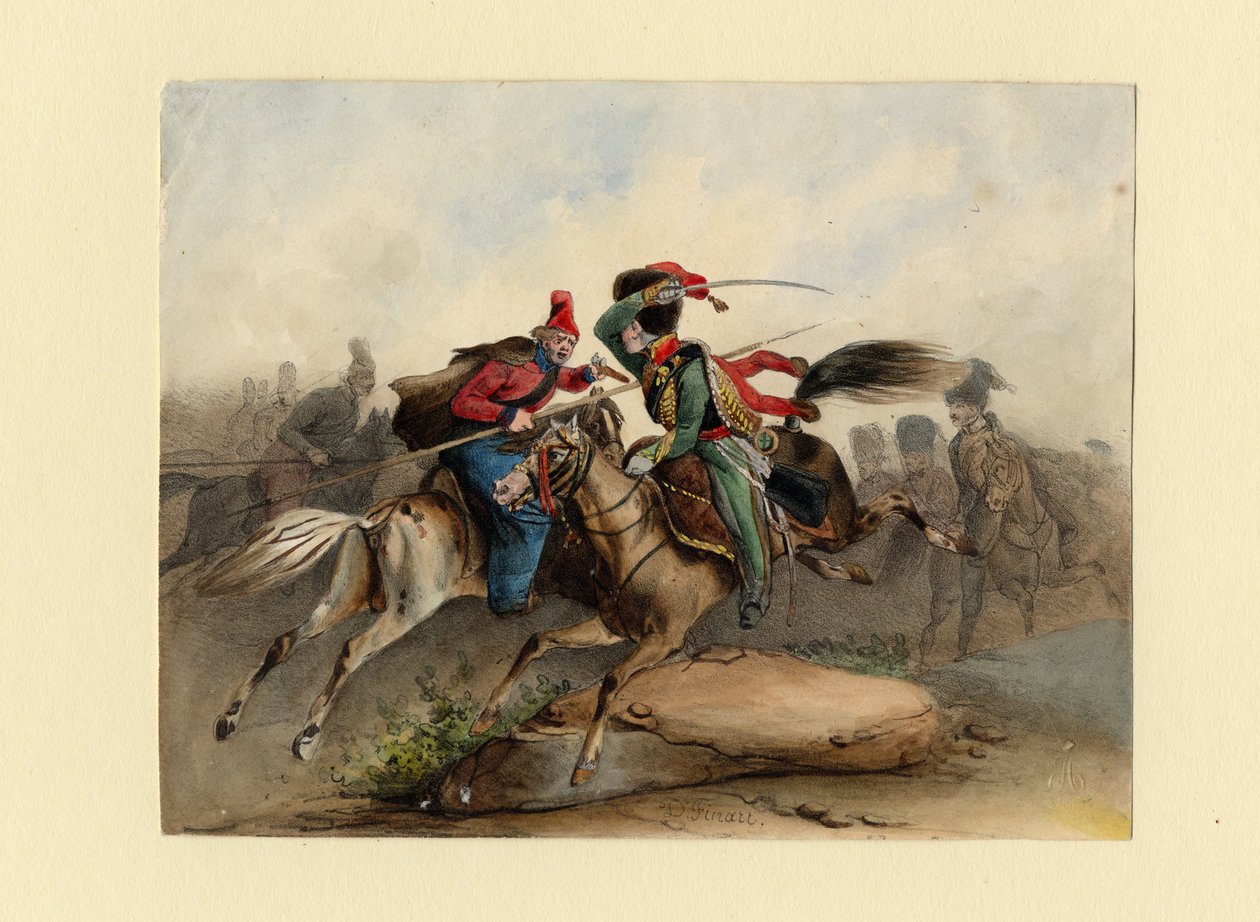 Franske hestejagere fra den kejserlige garde i kamp med de russiske kosakker, ca. 1830 af Finert