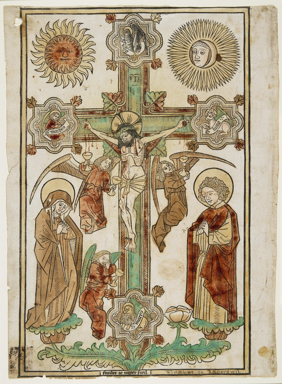 Krucifiks med tre engle og evangelisternes symboler, ca. 1470-80 (håndfarvet træsnit med rød, grøn, gul og lys og mørkebrun) af Firabet of Rapperswil Firabet of Rapperswil