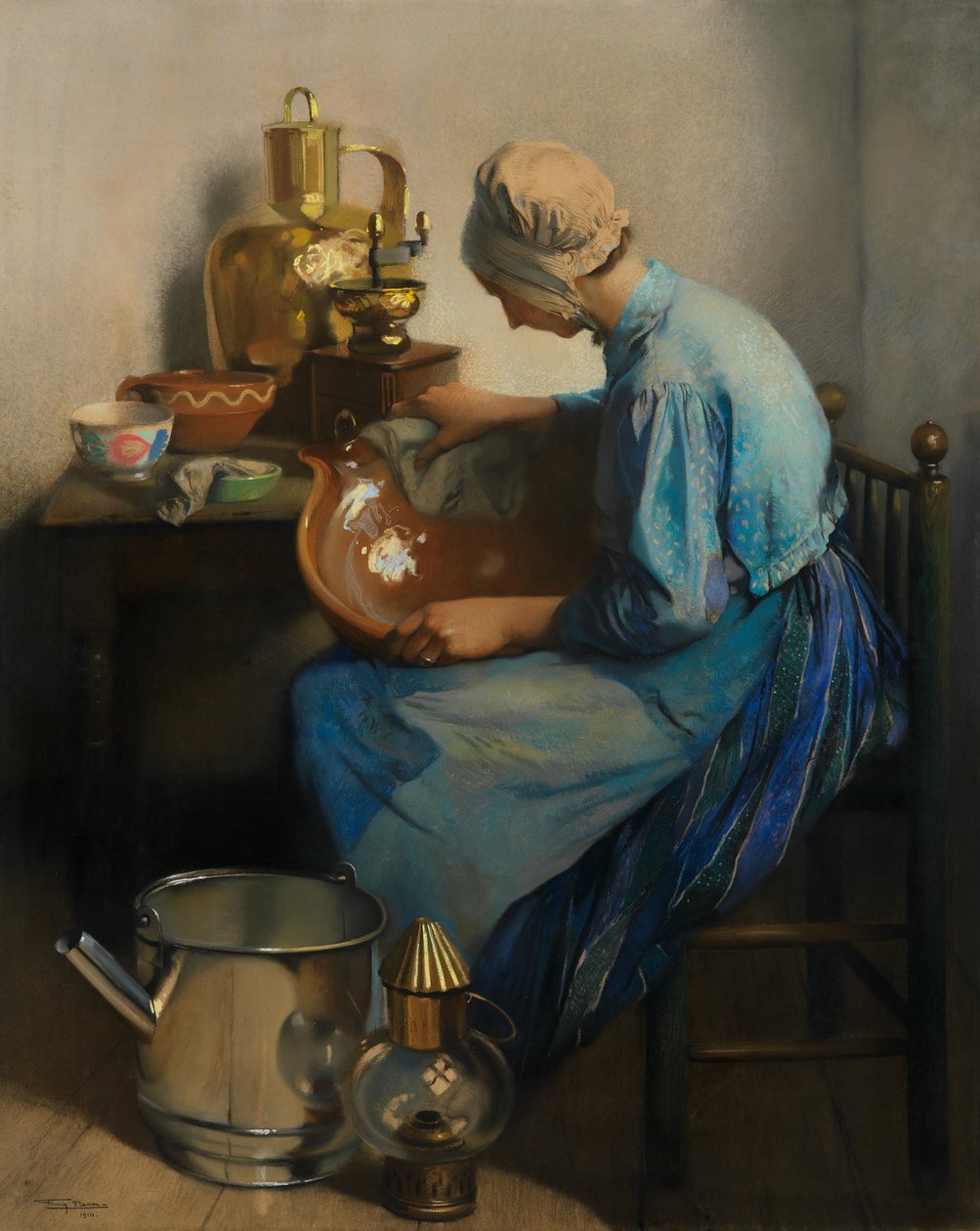 The Cleaning Lady (olie på lærred) af Firmin Baes