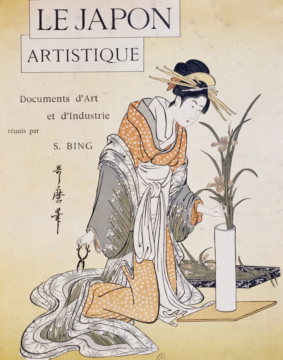 Kvinde arrangerer blomster i vase, omslag af Firmin Gillot (1819-1872), Le Japon Artistique (japansk kunst), kunst- og industridokumenter indsamlet af Siegfried Bing (1838-1905), månedlig udgivelse juli 1889, Frankrig af Firmin Gillot
