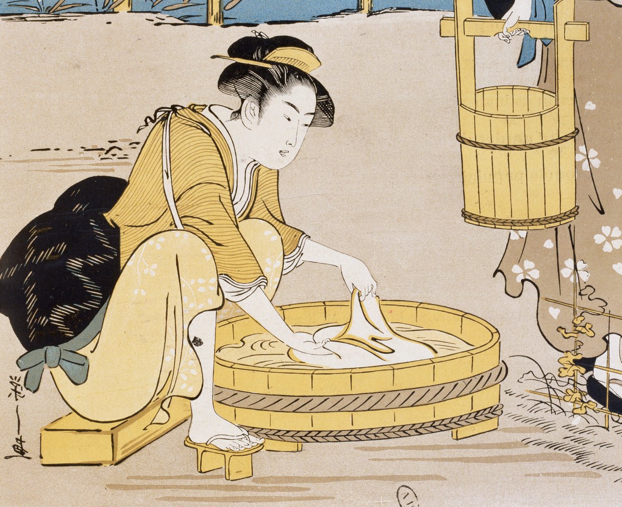 Kvinder vasker i floden, omslag af Firmin Gillot (1819-1872), Le Japon Artistique (japansk kunst), kunst- og industridokumenter indsamlet af Siegfried Bing (1838-1905), månedlig udgivelse juli 1889, Frankrig af Firmin Gillot