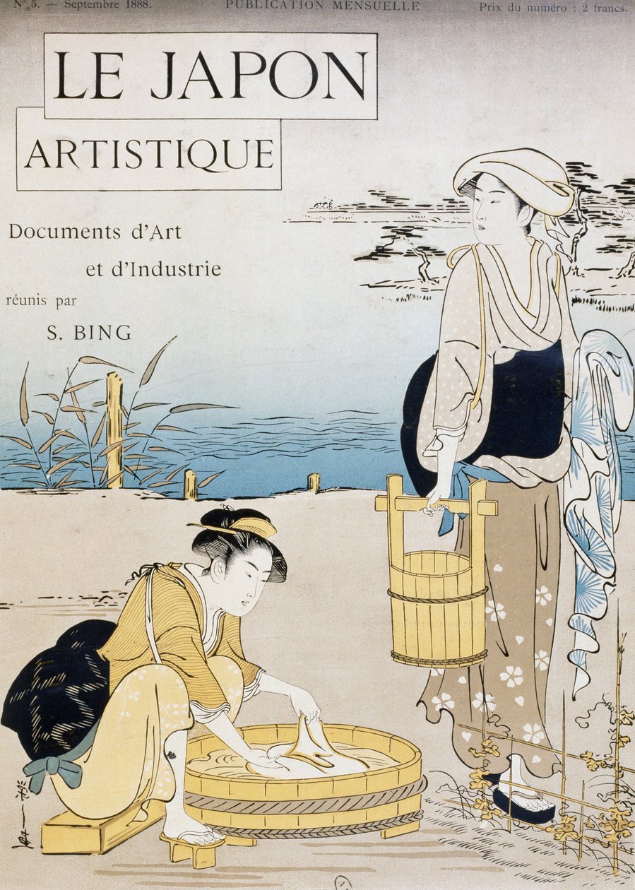 Kvinder vasker i floden, omslag af Firmin Gillot (1819-1872), Le Japon Artistique (japansk kunst), kunst- og industridokumenter indsamlet af Siegfried Bing (1838-1905), månedlig udgivelse juli 1889, Frankrig af Firmin Gillot