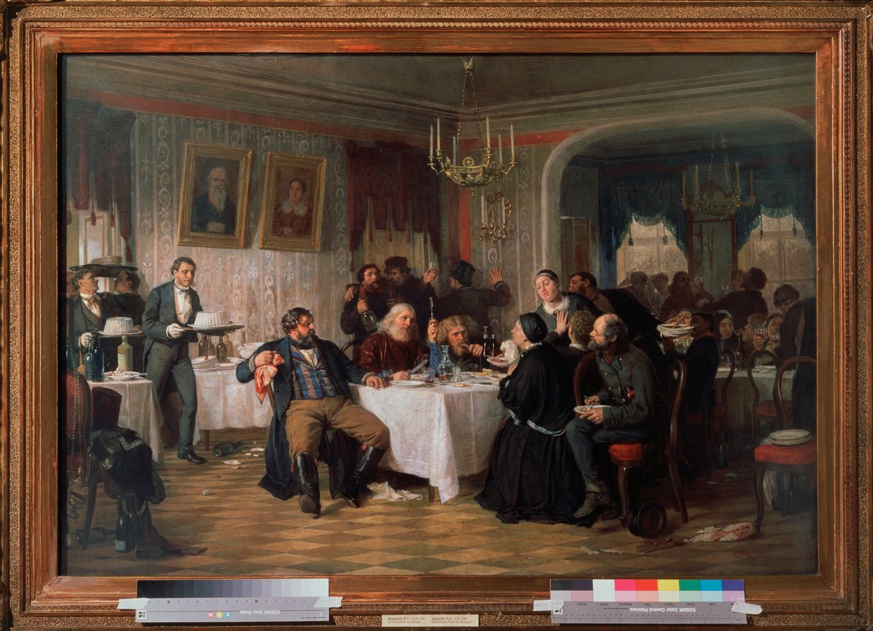 Købmands begravelsesbanket - Maleri af Firs Sergeevich Zhuraviev (1836-1901), olie på lærred, ca. 1870, russisk kunst 1800-tallet - Tretyakov-statsgalleriet, Moskva af Firs Sergeevich Zhuravlev