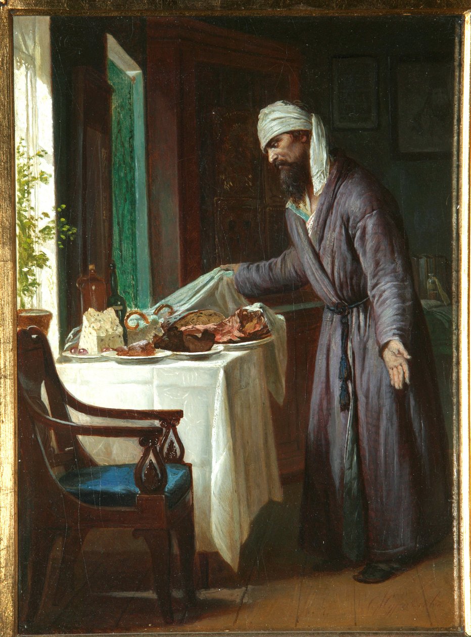 Morning Hangover - Maleri af Firs Sergeevich Zhuravlev (1836-1901), olie på lærred, 40x29,6 cm, slutningen af ​​1800-tallet - Privat samling af Firs Sergeevich Zhuravlev