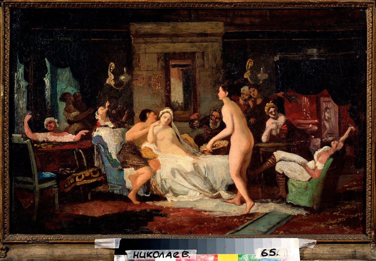 Eve of the Wedding Party in a Bath - Maleri af Firs Sergeevich Zhuraviev (1836-1901), olie på lærred 1885, russisk kunst af Firs Sergeevich Zhuravlev