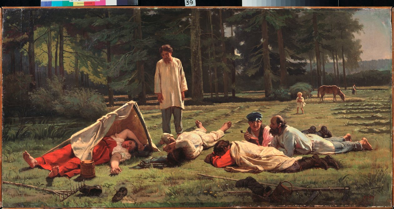 Rest at the Hay Harvest - Maleri af Firs Sergeevich Zhuraviev (1836-1901), olie på lærred af Firs Sergeevich Zhuravlev
