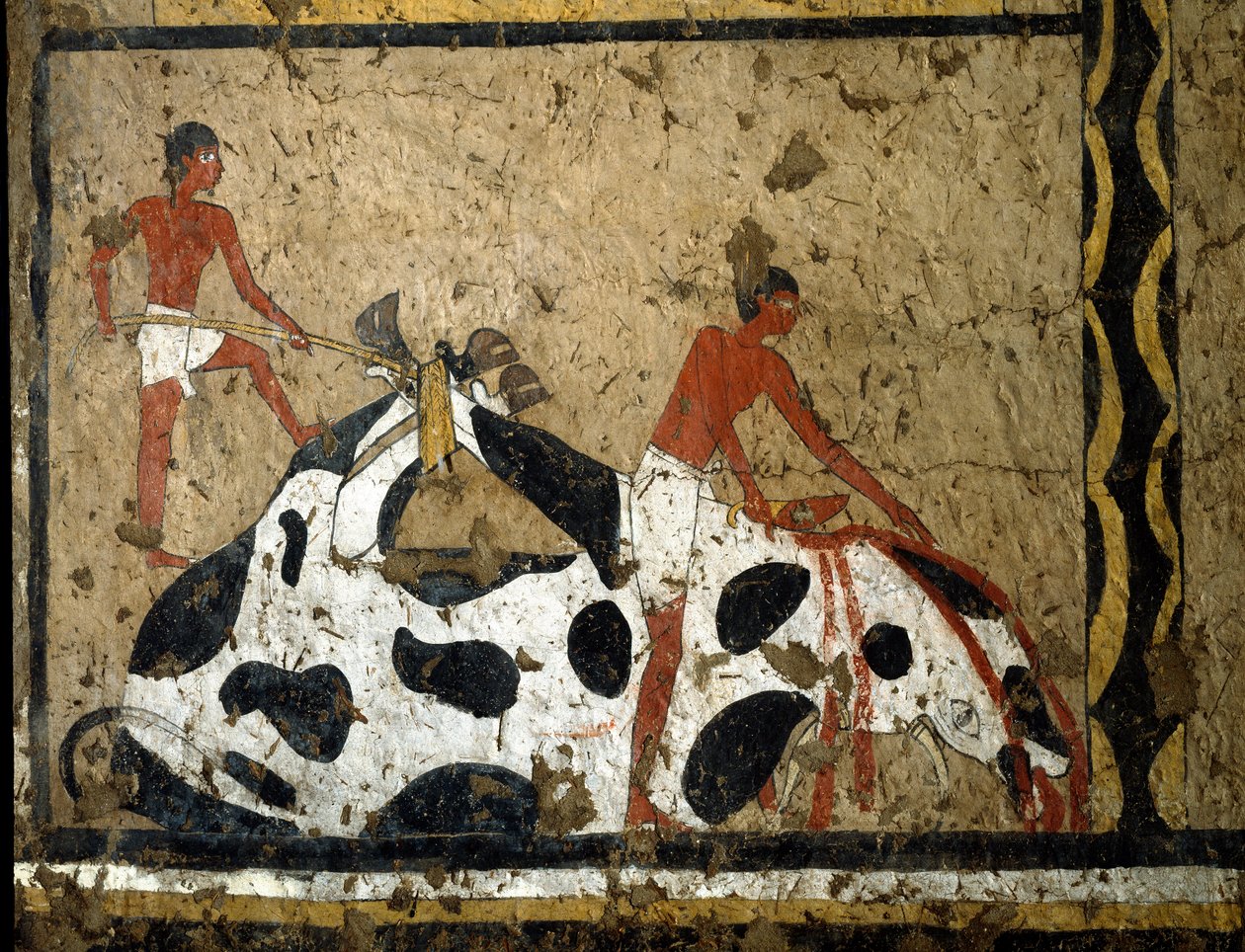 Egyptisk antikvitet: en tyr ofres foran en sarkofag. Detrempe på ler og halm fra graven for general og kansler for kong Iti i El Ghebelen nær Luxor. 2200-2000 F.KR. Torino, det egyptiske museum af First Intermediate Period Egyptian