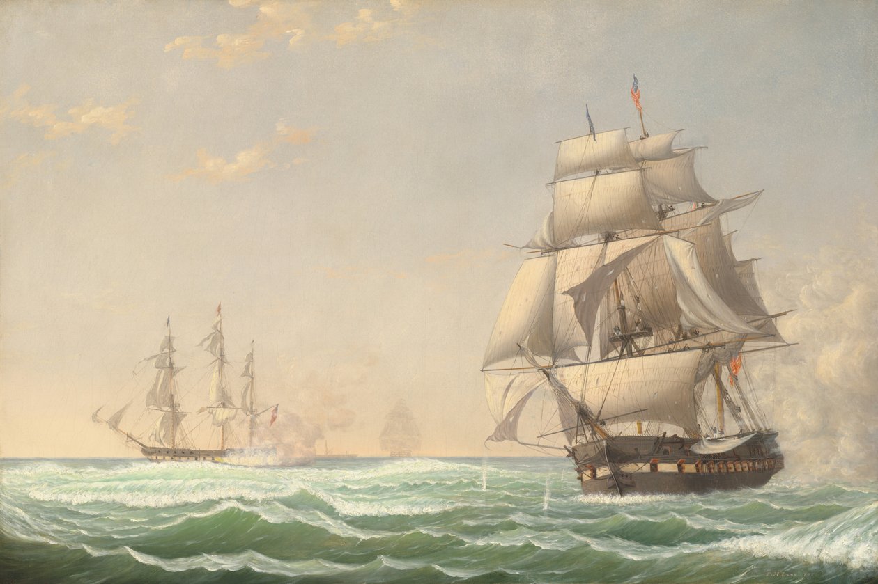 Den amerikanske fregatpræsident Engagerer den britiske eskadron, 1815, 1850. af Fitz Hugh Lane