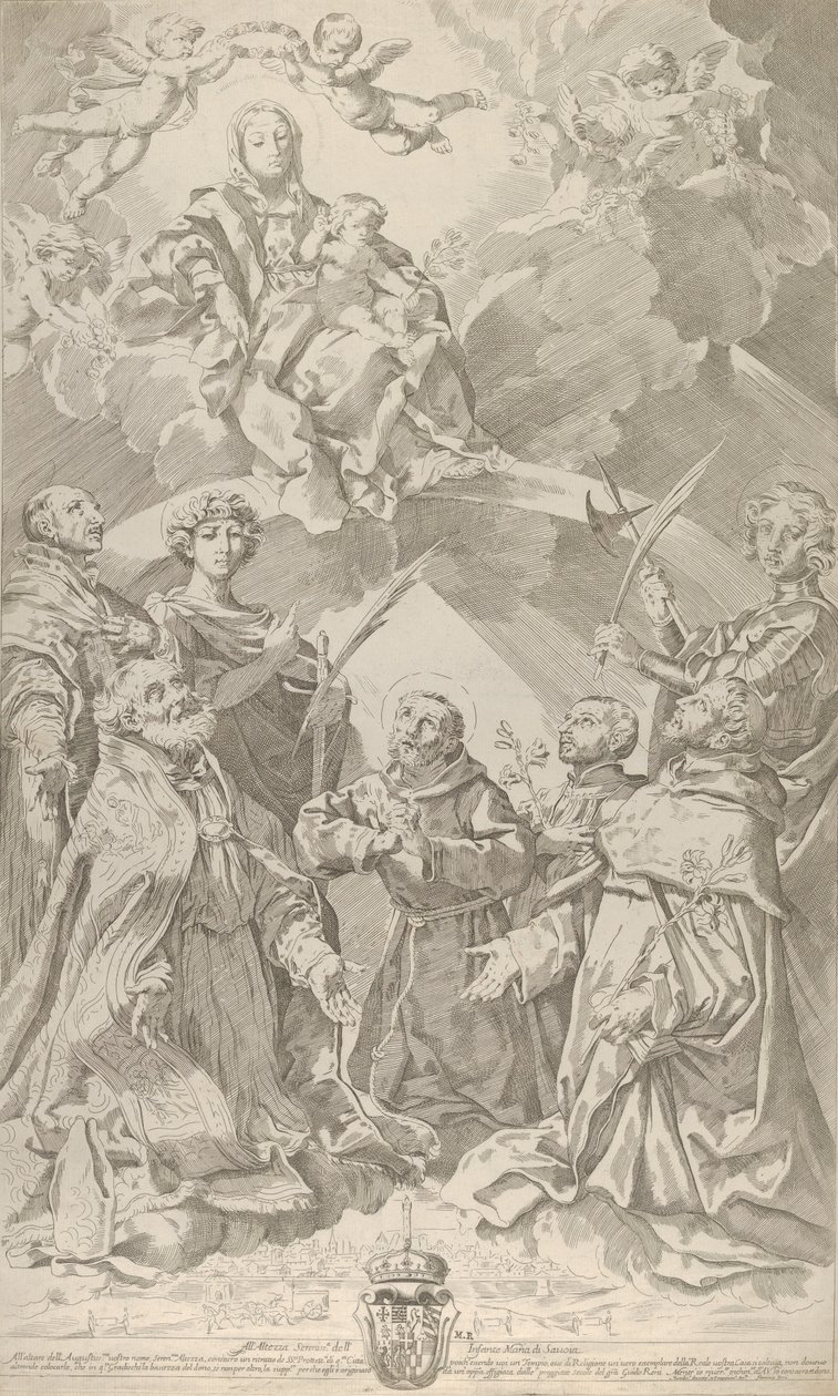 Skytshelgener for Bologna ser opad på Jomfruen, der sidder i skyerne med..., 1640-50. af Flaminio Torre