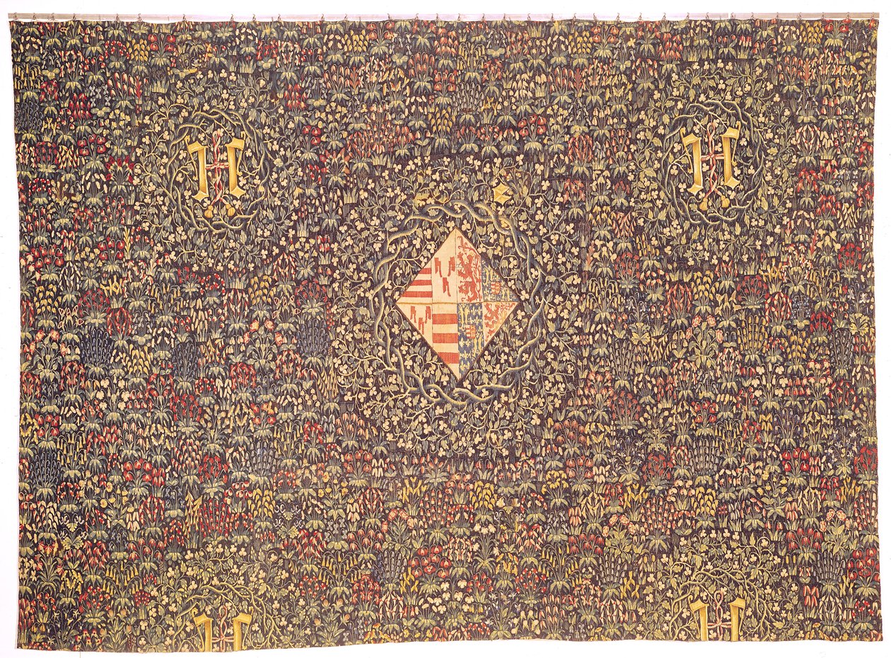 Mille fleurs med Jacqueline af Luxembourgs våbenskjold (f.1439) (tæppe) af Flemish School