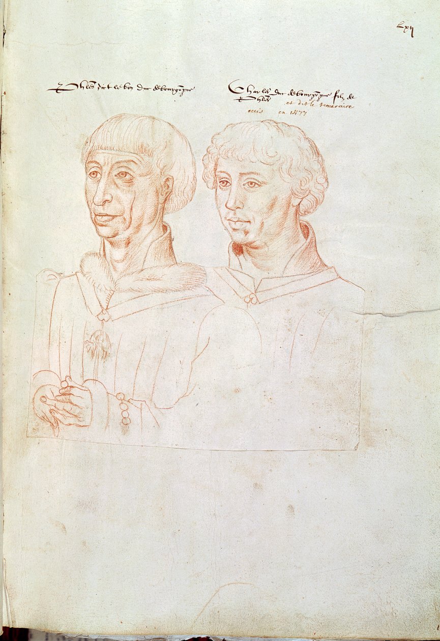 Ms 266 f.61 Philip III den Gode (1396-1467) hertug af Bourgogne og hans søn, Karl den Dristige (1433-77) fra 