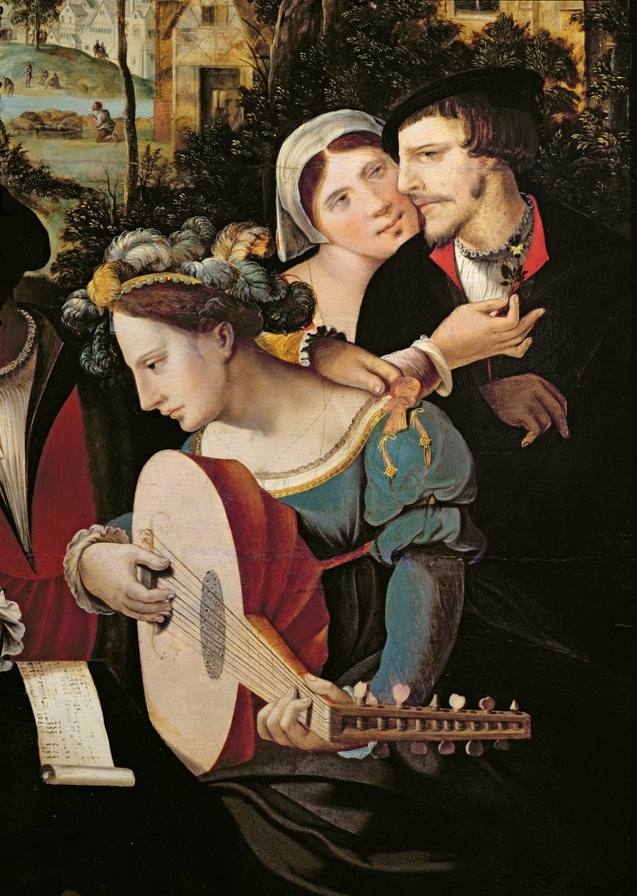 Scene Galante ved Gates of Paris, detalje af et par og en lutspiller (detalje af 216104) af Flemish School