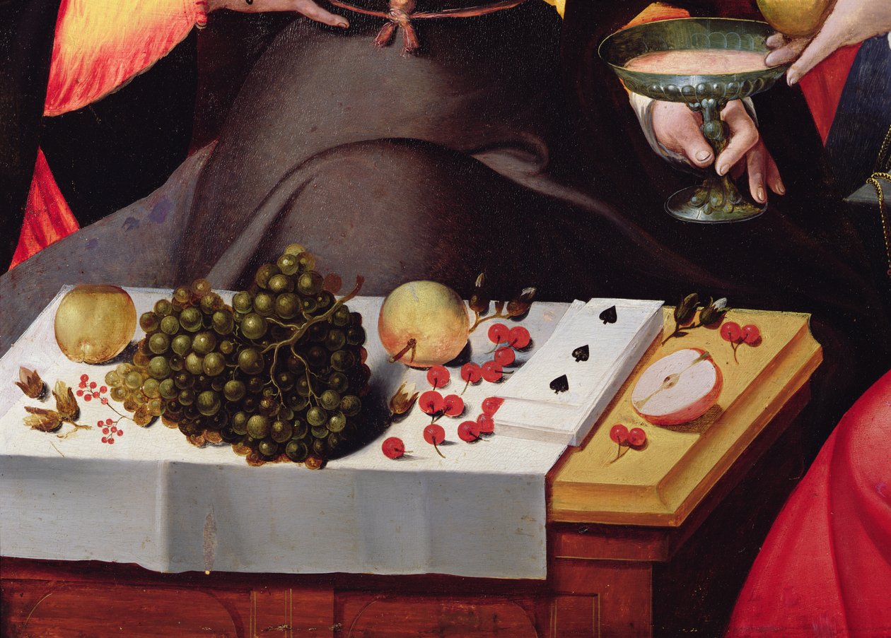 Scene Galante ved Gates of Paris, detalje af frugter, spillekort og en bæger (detalje af 216104) af Flemish School