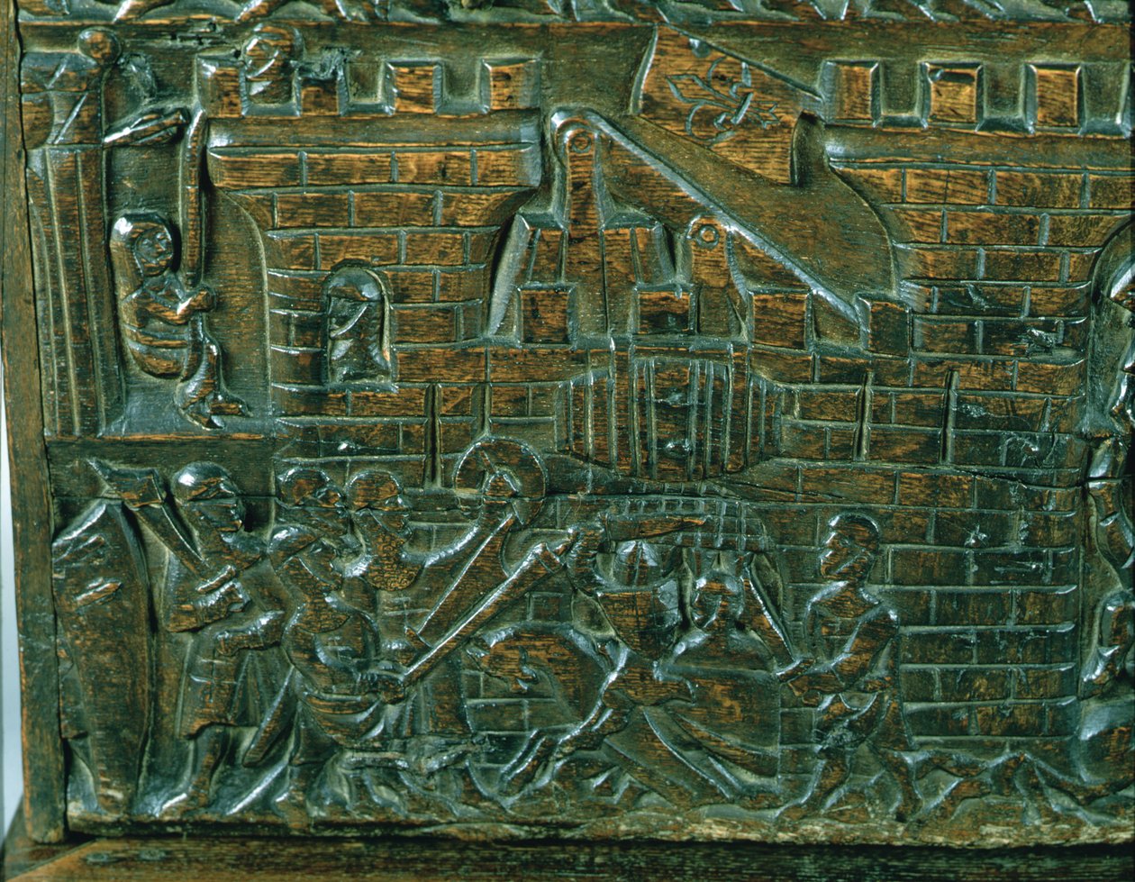 Courtrai-kisten, der skildrer angrebet af Courtrai-garnisonen under slaget ved de gyldne spor, kæmpet i Courtrai i 1302 (træ) (detaljer) af Flemish School