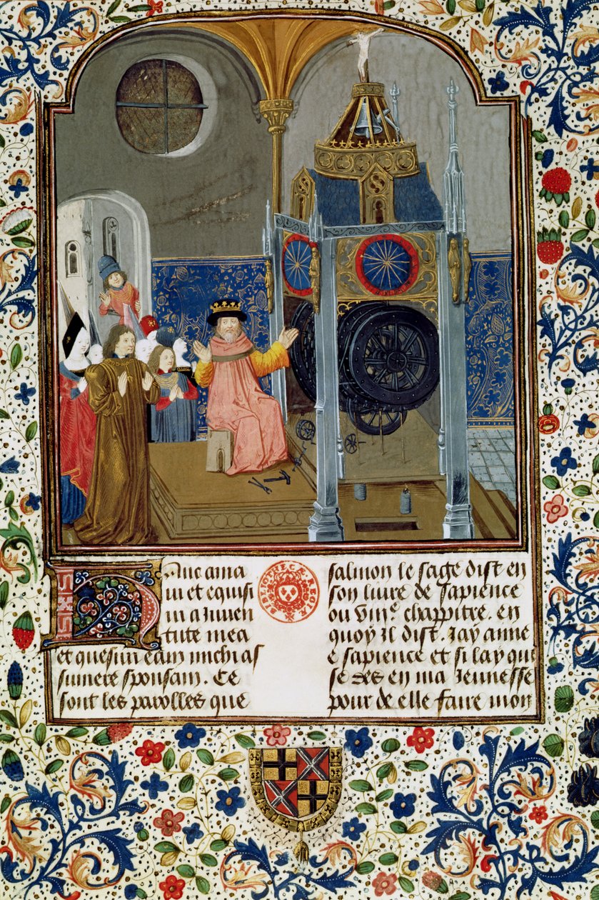 2095 Fr. 455 f.9 Husstanden beundrer mestrenes sjældne ur fra en afhandling om moral, midten af 1400-tallet af Flemish School