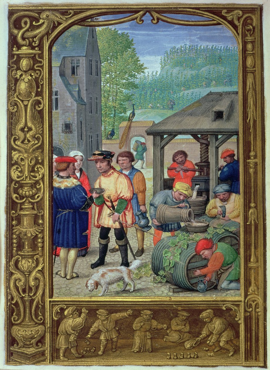 Tilføj 24098 f.27v oktober: Vinhøst, fra en timebog eller golfbogen, ca. 1520-30 (vellum) af Flemish School